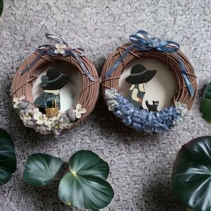 Set Of 2 Vintage Little Wreaths Girl Basket Flowers Boy‎ Black Cat Blue Flowers